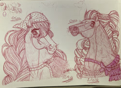 Size: 2258x1632 | Tagged: safe, artist:horsemagic20, imported from derpibooru, horse, 2024, cherie (wild manes), clothes, cocoa (wild manes), doodle, headscarf, jewelry, necklace, pearl necklace, pen drawing, realistic, saddle, scarf, sketch, smiling, tack, traditional art, whiskers, wild manes