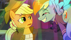 Size: 1916x1080 | Tagged: safe, artist:uspen, imported from derpibooru, applejack, rainbow dash, earth pony, fly, insect, pegasus, pony, fallout equestria, background pony, clothes, coat, complex background, female, flying, gritted teeth, hair bun, hat, lip bite, mare, party, rubber band, sarcasm, smiling, smirk, spread wings, stairs, sweater, talking, teeth, uniform, wings