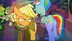 Size: 1916x1080 | Tagged: safe, artist:uspen, imported from derpibooru, applejack, rainbow dash, oc, oc:applesnack, oc:steelhooves, earth pony, pegasus, pony, angry, background pony, butt, chair, clothes, coat, complex background, cupcake, discontent, floppy ears, folded wings, food, frown, hair bun, ladder, plot, rear view, rubber band, smiling, sweater, talking, tray, uniform, walking, wings