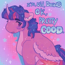 Size: 1440x1440 | Tagged: safe, artist:ariariari.png, imported from derpibooru, twilight sparkle, alicorn, pony, alternate hairstyle, solo, sparkles, stars, text, twilight sparkle (alicorn)