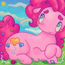 Size: 1440x1440 | Tagged: safe, artist:ariariari.png, imported from derpibooru, pinkie pie, earth pony, insect, ladybug, pony, alternate cutie mark, beanbrows, cursor, eyebrows, female, hoof heart, leaf, lying down, mare, prone, rainbow, sky, solo, sprinkles in tail, starry eyes, sun, underhoof, wingding eyes