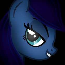 Size: 1200x1200 | Tagged: safe, artist:starless, derpibooru exclusive, imported from derpibooru, oc, oc only, oc:starlight pianissimo, black background, blue mane, bust, dark blue coat, female, looking at you, portrait, rule 63, simple background, smiling, smiling at you, solo, teeth, turquoise eyes