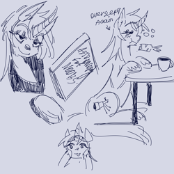 Size: 2048x2048 | Tagged: safe, artist:dmitrymemovznok, imported from derpibooru, oc, oc only, oc:laura (junosartz), pony, unicorn, book, carrot, coffee, food, horn, monochrome, solo