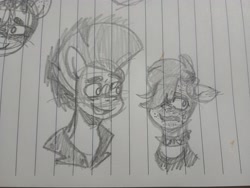 Size: 4080x3072 | Tagged: safe, artist:mindset, imported from derpibooru, hitch trailblazer, earth pony, pony, emo, floppy ears, flustered, g5, looking at each other, looking at someone, male, mohawk, outlaw hitch, paper, paradox, pencil drawing, smiling, smiling at each other, stallion, teenager, traditional art, younger