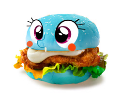 Size: 1024x817 | Tagged: safe, artist:窝牛牛, imported from derpibooru, rainbow dash, pegasus, blush sticker, blushing, burger, chicken meat, chicken sandwich, food, food transformation, inanimate transformation, meat, simple background, solo, transformation, white background