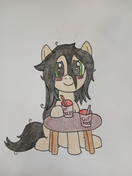 Size: 1200x1600 | Tagged: safe, artist:toastymares, oc:floor bored, earth pony, bags under eyes, blushing, chopsticks, cute, female, happy, instant noodles, mare, sitting, solo, table, traditional art