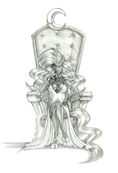 Size: 920x1350 | Tagged: safe, artist:baron engel, idw, imported from derpibooru, nightmare rarity, anthro, unguligrade anthro, unicorn, breasts, busty nightmare rarity, female, horn, mare, monochrome, pencil drawing, solo, throne, traditional art