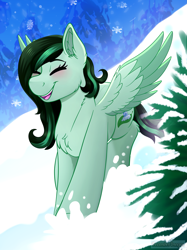 Size: 2751x3677 | Tagged: safe, artist:decemberbreeze, imported from derpibooru, oc, oc only, oc:eden shallowleaf, pegasus, pony, blushing, eyes closed, pegasus oc, snow, solo, wings