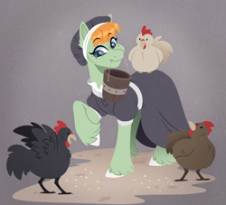 Size: 1100x1000 | Tagged: safe, artist:purplegrim40, imported from derpibooru, oc, oc only, unnamed oc, bird, chicken, earth pony, blue eyes, female, french, french hens, green coat, green fur, hen, mare, redhead, twelve days of christmas