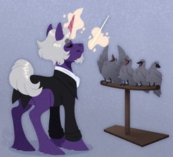 Size: 1100x1000 | Tagged: safe, artist:purplegrim40, imported from derpibooru, oc, unnamed oc, bird, unicorn, conductor, conductor's baton, horn, male, singing, stallion