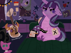 Size: 1600x1200 | Tagged: safe, artist:aurora_gl1mmer, derpibooru exclusive, imported from derpibooru, starlight glimmer, pony, unicorn, ..., :c, >:c, beanbrows, bed, book, colored hooves, colored pupils, ear piercing, earring, emo, eyebrows, fairy lights, fake cutie mark, female, floppy ears, frown, guitar, hooves, horn, jewelry, music notes, musical instrument, pencil, piercing, poster, purple pupils, room, sitting, solo, speaker, speech bubble, spiked wristband, starlight's room, teenager, unshorn fetlocks, wristband