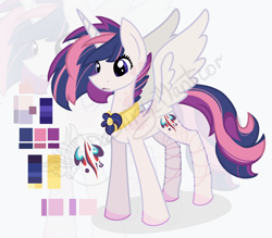 Size: 1450x1268 | Tagged: safe, artist:destiny_manticor, imported from derpibooru, oc, oc only, unnamed oc, alicorn, pony, adoptable, body markings, cutie mark, female, horn, jewelry, lipstick, long tail, mare, necklace, obtrusive watermark, pale skin, palette, reference sheet, signature, simple background, solo, spread wings, tail, thin, three quarter view, three toned mane, watermark, wings