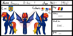 Size: 750x375 | Tagged: safe, artist:creampaint12, imported from derpibooru, bat pony, pony, nation ponies, ponified, reference sheet, romania, solo