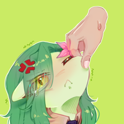 Size: 1024x1024 | Tagged: safe, artist:iamsmileo, imported from derpibooru, oc, oc only, oc:lamey, :<, blushing, clothes, cross-popping veins, emanata, eye clipping through hair, flower, flower in hair, green background, hand, long mane, necktie, one eye closed, pinch, simple background, solo focus, sweat