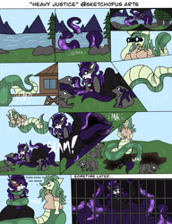 Size: 2048x2663 | Tagged: safe, artist:blazep0ny, imported from derpibooru, oc, oc:lamey, oc:stella, anthro, lamia, octopus, original species, snake, snake pony, wolf, binoculars, body slam, coils, comic, dialogue, hole, jail, jewelry, makeup, onomatopoeia, river, tentacles, water