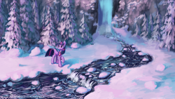 Size: 1920x1080 | Tagged: safe, artist:tinybenz, imported from derpibooru, twilight sparkle, alicorn, pony, clothes, female, fir tree, folded wings, forest, mare, nature, outdoors, raised hoof, river, scarf, scenery, snow, solo, tree, twilight sparkle (alicorn), water, waterfall, wings, winter