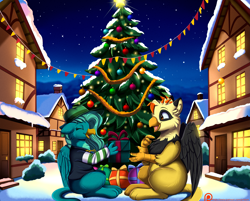 Size: 3563x2861 | Tagged: safe, artist:pridark, imported from derpibooru, oc, oc only, griffon, christmas, christmas tree, duo, gift giving, griffon oc, holiday, night, outdoors, present, snow, tree