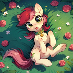 Size: 1024x1024 | Tagged: safe, imported from derpibooru, roseluck, earth pony, pony, :p, ai content, ai generated, behaving like a cat, collar, fangs, fluffy, generator:pony diffusion v6 xl, generator:stable diffusion, looking at you, lying down, pet tag, pony pet, prompter:doom9454, rosepet, solo, tongue out