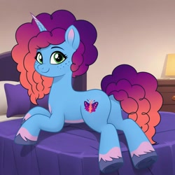 Size: 1024x1024 | Tagged: safe, imported from derpibooru, pony, unicorn, ai content, ai generated, bed, bedroom, bedroom eyes, blushing, butt, butt focus, coat markings, cute, female, freckles, g5, generator:pony diffusion v6 xl, generator:stable diffusion, horn, indoors, looking at you, looking back, looking back at you, lying down, mare, misty brightdawn, mistybetes, mistybutt, my little pony: tell your tale, on bed, plot, prompter:harvydraws, prone, rebirth misty, show accurate, smiling, smiling at you, socks (coat markings), solo, tell your tale accurate, underhoof