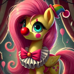 Size: 1024x1024 | Tagged: safe, imported from derpibooru, fluttershy, pegasus, ai content, ai generated, alternate cutie mark, balloon, bowtie, clown, clown nose, female, generator:bing image creator, generator:dall-e 3, hat, mare, prompter:heydude5321, red nose, solo, wings