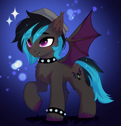 Size: 3342x3468 | Tagged: safe, artist:empress-twilight, imported from derpibooru, oc, oc:record stereo, bat pony, pony, choker, commission, empress, g5, hat, solo, studded bracelet, studded choker, ych result