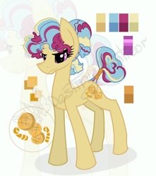 Size: 1138x1286 | Tagged: safe, artist:destiny_manticor, imported from derpibooru, oc, oc only, unnamed oc, earth pony, pony, adoptable, auction, body markings, bun hairstyle, curly mane, cutie mark, female, food, mare, obtrusive watermark, palette, reference sheet, signature, simple background, solo, tail, three quarter view, three toned mane, watermark