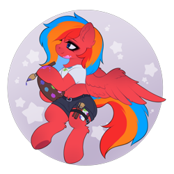 Size: 2400x2400 | Tagged: safe, artist:alunedoodle, imported from derpibooru, oc, oc only, oc:gaffy, pegasus, pony, clothes, drawing, female, palette, shirt, shorts, smiling, solo, spread wings, three toned mane, wings