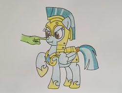 Size: 1505x1148 | Tagged: safe, artist:toastymares, pegasus, pony, armor, boop, disembodied hand, female, guardian angel (g4), guardsmare, hand, mare, raised hoof, royal guard, royal guard armor, scrunchy face, solo focus, traditional art, unamused