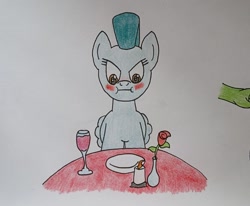 Size: 1093x900 | Tagged: safe, artist:toastymares, pegasus, pony, alcohol, blushing, candle, female, flower vase, flustered, glass, guardian angel (g4), mare, plate, solo, table, traditional art, wine, wine glass