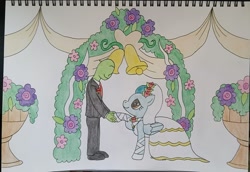 Size: 1658x1140 | Tagged: safe, artist:toastymares, oc, oc:anon, human, pegasus, pony, clothes, dress, duo, female, flower, guardian angel (g4), holding hooves, human on pony hoof holding, jewelry, looking at each other, male, mare, marriage, necklace, smiling at each other, suit, traditional art, wedding, wedding dress, wedding veil