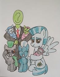 Size: 1124x1447 | Tagged: safe, artist:toastymares, oc, oc:anon, human, pegasus, pony, /bale/, clothes, colt, family, female, filly, foal, guardian angel (g4), male, mare, offspring, salute, sleeping, smiling, suit, swaddled baby, traditional art