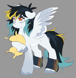 Size: 749x769 | Tagged: safe, artist:cheekipone, oc, oc only, oc:feather fall, pegasus, pony, bags under eyes, coat markings, female, floppy ears, gray background, hug, leg warmers, mare, pegasus oc, pillow, pillow hug, sad, simple background, solo, spread wings, standing, standing on three hooves, three toned mane, three toned tail, three toned wings, unshorn fetlocks, wings