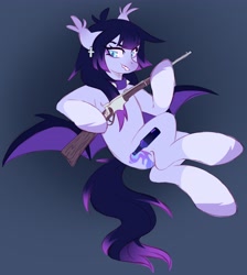 Size: 3304x3684 | Tagged: safe, artist:cheekipone, oc, oc only, oc:kerosene soot, bat pony, pony, bat pony oc, bat wings, collar, cross, ear piercing, ear tufts, earring, eyebrows visible through hair, eyeshadow, female, floppy ears, gradient background, gradient mane, gradient tail, gun, holding, hoof hold, jewelry, lever action rifle, makeup, mare, piercing, pose, smiling, socks (coat markings), solo, spiked collar, spread wings, teeth, unshorn fetlocks, weapon, wings