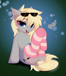 Size: 3013x3507 | Tagged: safe, artist:empress-twilight, imported from derpibooru, oc, oc only, oc:vaporub, earth pony, pony, blonde mane, blonde tail, blue eyes, blue pupils, blushing, cheek fluff, chest fluff, clothes, colored pupils, commission, dock, dock fluff, ear fluff, eye clipping through hair, eyebrows, eyebrows visible through hair, eyelashes, eyeshadow, female, gradient background, gray coat, high res, lidded eyes, looking at you, makeup, mare, open mouth, open smile, purple eyeshadow, raised leg, shiny mane, shiny tail, sitting, smiling, smiling at you, socks, solo, sparkles, striped socks, sunglasses, sunglasses on head, tail, thick eyelashes, thin, three quarter view, underhoof, ych result