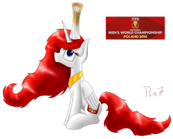 Size: 1546x1250 | Tagged: safe, artist:p0nfir3, imported from derpibooru, oc, oc:queen poland, alicorn, pony, 2014, fivb, long mane, nation ponies, old art, peytral, poland, ponified, simple background, solo, sports, transparent background, trophy, volleyball