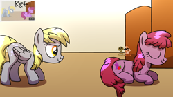 Size: 3840x2160 | Tagged: safe, artist:yourboimario, imported from derpibooru, berry punch, berryshine, derpy hooves, earth pony, pegasus, pony, behaving like a cat, duo, female, mare, your little cat 3