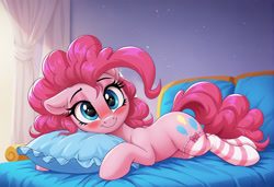 Size: 2104x1440 | Tagged: safe, imported from derpibooru, pinkie pie, earth pony, pony, ai content, ai generated, bed, blushing, clothes, cute, female, generator:zoinksnoob, indoors, looking at you, lying down, mare, on bed, one ear down, pillow, prompter:siber, prone, smiling, smiling at you, socks, solo, striped socks, thigh highs, window