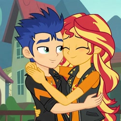 Size: 1024x1024 | Tagged: safe, imported from derpibooru, flash sentry, sunset shimmer, equestria girls, ai content, ai generated, duo, female, flashimmer, hug, male, prompter:julzette, shipping, straight