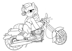 Size: 2830x1990 | Tagged: safe, artist:acharmingpony, imported from derpibooru, rarity, pony, semi-anthro, unicorn, backwards, black and white, drawthread, female, grayscale, horn, lineart, mare, monochrome, motorcycle, simple background, solo, white background