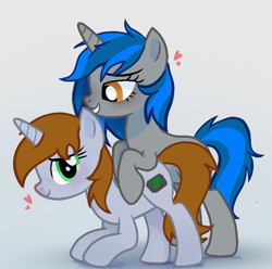 Size: 1290x1280 | Tagged: safe, imported from derpibooru, oc, oc only, oc:homage, oc:littlepip, unicorn, fallout equestria, duet, female, heart, horn, hug, hug from behind, lesbian, oc x oc, pipmage, shipping