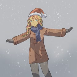 Size: 2048x2048 | Tagged: safe, artist:dusknebula, imported from derpibooru, sunset shimmer, human, equestria girls, christmas, clothes, female, gloves, gradient background, hat, holiday, looking at you, santa hat, scarf, smiling, snow, snowfall, solo, winter outfit