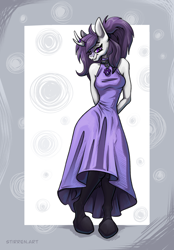 Size: 1640x2360 | Tagged: safe, artist:stirren, imported from derpibooru, oc, oc:weel'kha, anthro, kirin, anthro oc, clothes, collar, dress, hands behind back, hooves, horn, kirin oc, long dress, looking down, pinup, pose, shy, smiling, socks