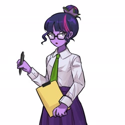 Size: 2048x2048 | Tagged: safe, artist:dusknebula, imported from derpibooru, sci-twi, twilight sparkle, human, equestria girls, clipboard, clothes, female, glasses, hair bun, looking at you, necktie, office lady, open mouth, pen, simple background, skirt, solo, white background