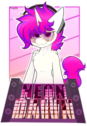 Size: 2160x3129 | Tagged: safe, artist:spoopy-abby, imported from derpibooru, oc, oc only, oc:neon dawn, pony, unicorn, badge, bipedal, chest fluff, con badge, glasses, headphones, horn, ribcage, shoulder fluff, smiling, solo