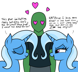 Size: 1621x1500 | Tagged: safe, artist:vomitvomiting, imported from derpibooru, trixie, oc, oc:anon, human, pony, unicorn, clone, clothes, dialogue, drawthread, eyes closed, female, floating heart, heart, heart eyes, horn, mare, open mouth, open smile, requested art, self paradox, self ponidox, shirt, simple background, smiling, trio, white background, wingding eyes