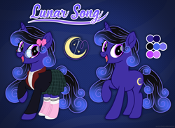 Size: 3174x2332 | Tagged: safe, artist:lovinglypromise, imported from derpibooru, oc, oc:lunar song, pony, unicorn, clothes, female, horn, jacket, mare, reference sheet, shoes, skirt, solo