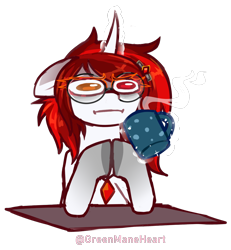 Size: 1200x1300 | Tagged: safe, artist:greenmaneheart, imported from derpibooru, oc, oc:hallowed thorn, pony, unicorn, :i, coffee mug, horn, i mean i see, magic, mug, simple background, solo, transparent background