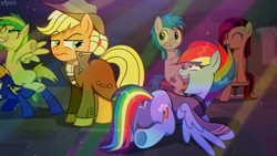 Size: 1916x1080 | Tagged: safe, artist:uspen, imported from derpibooru, applejack, rainbow dash, oc, oc:bronydanceparty, oc:sayonara maxwell, oc:the living tombstone, oc:wooden toaster, earth pony, pegasus, pony, fallout equestria, bewilderment, chair, clothes, coat, couch, crying, dissatisfied, female, hat, headphones, laughing, male, mare, party, pre-war, raised hoof, ride, rider, rubber band, spread wings, stallion, sweater, tears of laughter, teeth, uniform, wings