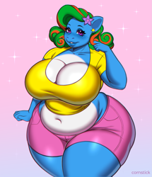 Size: 1587x1842 | Tagged: safe, artist:cornstick, imported from derpibooru, oc, oc only, oc:thalia blu, anthro, original species, shark, shark pony, bbw, belly, belly button, big breasts, blue coat, breasts, busty oc, chubby, cleavage, clothes, curly hair, ear piercing, earring, eyebrows, eyelashes, fat, female, female oc, flower, flower in hair, gradient background, hair twirl, hips, huge breasts, jewelry, legs together, lidded eyes, lips, looking at you, midriff, piercing, purple eyes, shark pony oc, shirt, shorts, smiling, smiling at you, solo, sparkles, stars, t-shirt, two toned hair, wide hips