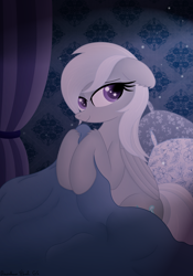 Size: 2825x4032 | Tagged: safe, artist:rainbowšpekgs, imported from derpibooru, silverspeed, pegasus, pony, bed, bedroom, blanket, curtains, cute, female, indoors, lidded eyes, looking at you, mare, on bed, pillow, sitting, sleepy, smiling, solo